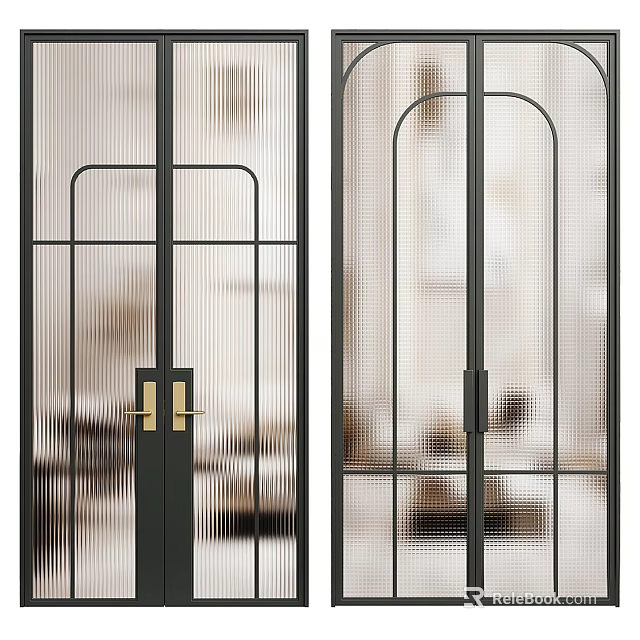 Modern Double Doors With Black Frame Grid Design And Golden Handles 3d model 