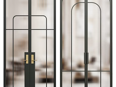 Modern Double Doors With Black Frame Grid Design And Golden Handles 3d model
