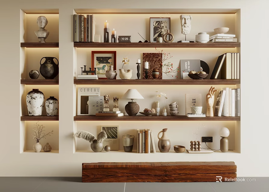 Stylish Ceramic Wares Display On Wooden Shelving With Books Decorative Items And Framed 3d model 