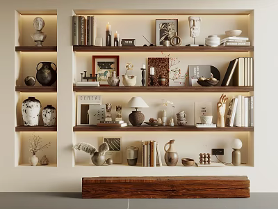 Stylish Ceramic Wares Display On Wooden Shelving With Books Decorative Items And Framed 3d model