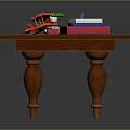 Wooden Long Table with Stacked Books Open Magazine and Small Toy Car