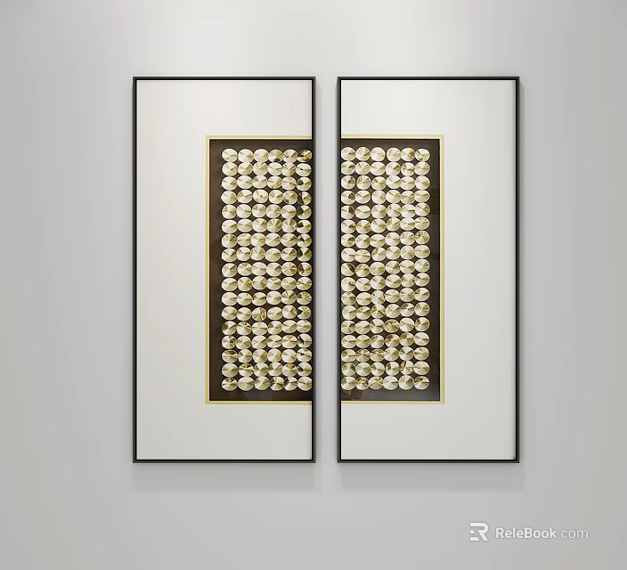 Modern Luxury Decorative Paintings Double Panel With Gold Circular Patterns And Black Frames 3d model