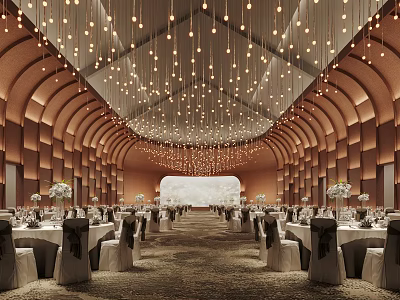 Banquet Hall Interior With Arched Wooden Walls Hanging Pendant Lights Central Screen And Neat Tables 3d model