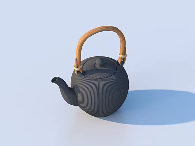 Minimalist Black Teapot Featuring Bamboo Handle And Ribbed Surface Design 3d model