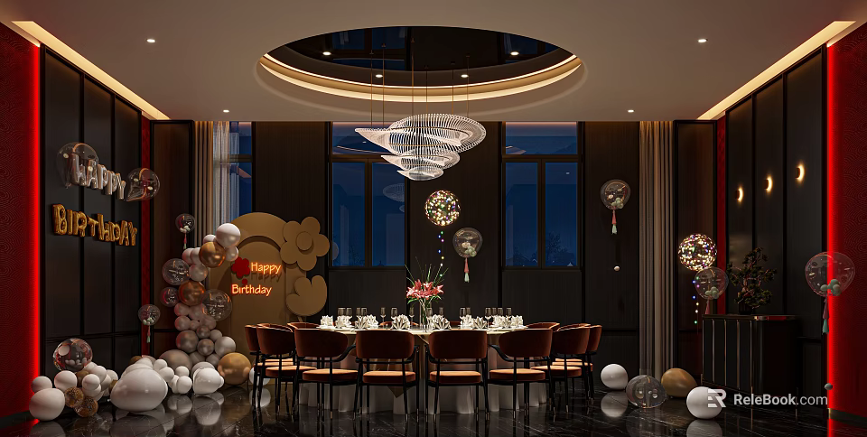 Elegant Private Dining Room Decorated for Birthday with Balloons Chandelier and Dining Table Setup 3d model 