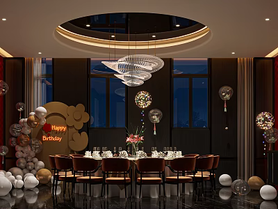 Elegant Private Dining Room Decorated for Birthday with Balloons Chandelier and Dining Table Setup 3d model