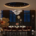 Elegant Private Dining Room Decorated for Birthday with Balloons Chandelier and Dining Table Setup