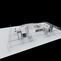 White Exhibition Booth With Open Design Multiple Display Counters Blue Accents And Fencing