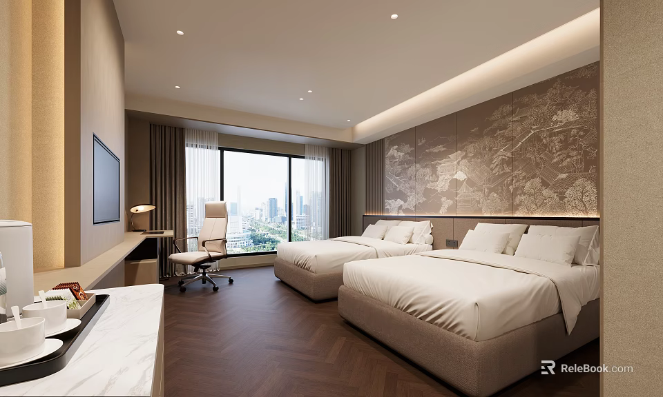 Modern Hotel Room Interior With Twin Beds White Linens And City View Through Large Window 3d model 