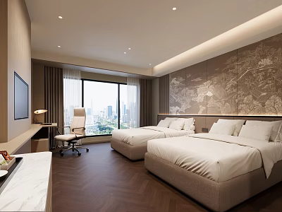Modern Hotel Room Interior With Twin Beds White Linens And City View Through Large Window 3d model
