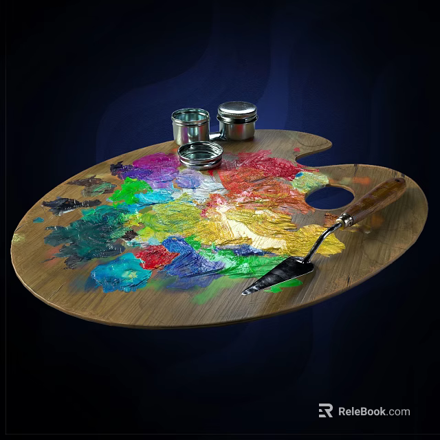Palette Knife And Metal Jars As Hardware Tools On Wooden Palette With Colorful Paints 3d model 