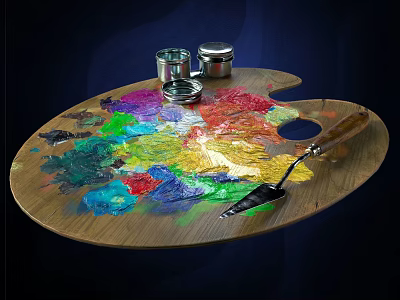 Palette Knife And Metal Jars As Hardware Tools On Wooden Palette With Colorful Paints 3d model