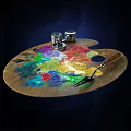 Palette Knife And Metal Jars As Hardware Tools On Wooden Palette With Colorful Paints