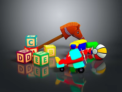 Colorful Children's Play Dolls Including Rocking Horse Toy Car Building Blocks And Ball 3d model
