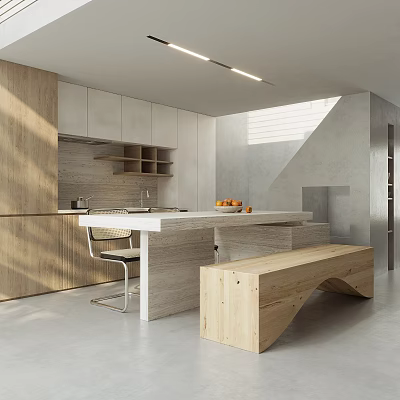 Dining Living Room Interior With Wooden Cabinets Marble Island Counter Wooden Bench And Concrete Wall 3d model