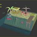 Cartoon Beach Scene with Beach House Palm Trees Umbrellas Float Rings and Wooden Dock