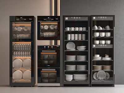 Modern Black Kitchen Appliances With Storage Cabinets For Dishes Bowls And Cups 3d model