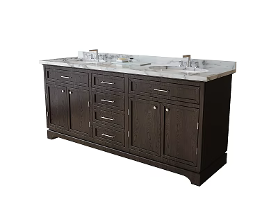 Dark Wood Bathroom Vanity With Double Sinks Marble Countertop And Storage Drawers 3d model