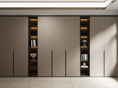 Modern Wooden Bookcase With Open Shelves Books Decorative Items And Built-in Lighting 3d model