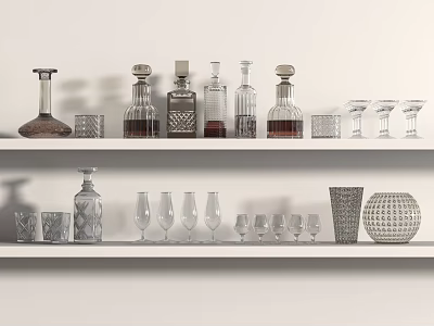 White Shelves With Various Glass Bottles Wine Glasses And Decorative Glassware In Different Sizes Shapes 3d model