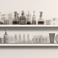 White Shelves With Various Glass Bottles Wine Glasses And Decorative Glassware In Different Sizes Shapes