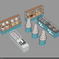 Glass Door Cake Display Shelves with Wooden Frames Cupcake Stands and Blue Counter