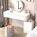Modern Elegant Dressing Table With White Countertop Gold Metal Legs Round Mirror Cosmetics And Orange Stool