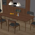 Modern Restaurant Interior With Wooden Dining Table Black Chairs Pendant Lights And Fruit Decor
