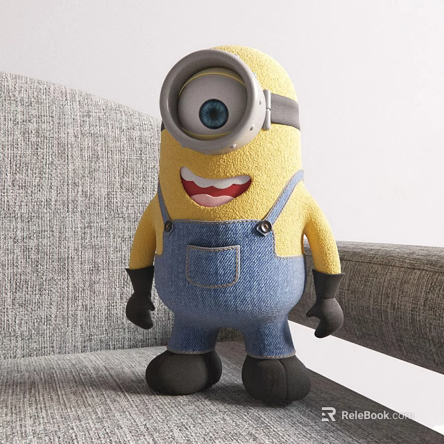 Minion Doll With Large Eye Yellow Body Blue Overalls Black Gloves Standing On Gray Sofa 3d model 