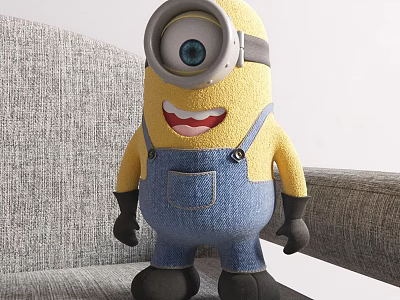 Minion Doll With Large Eye Yellow Body Blue Overalls Black Gloves Standing On Gray Sofa 3d model