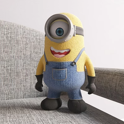 Minion Doll With Large Eye Yellow Body Blue Overalls Black Gloves Standing On Gray Sofa 3d model