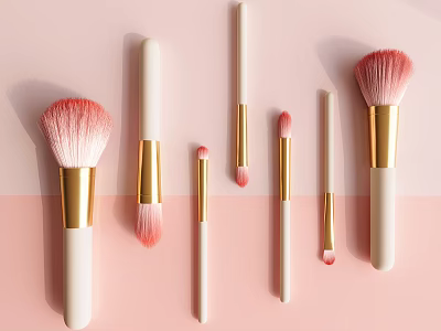 Premium Pink Makeup Brushes With White Handles And Gold Accents For Cosmetic Tools 3d model