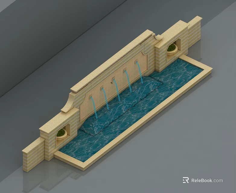 Swing Door With Stone Structure And Water Fountain Landscape Features 3d model