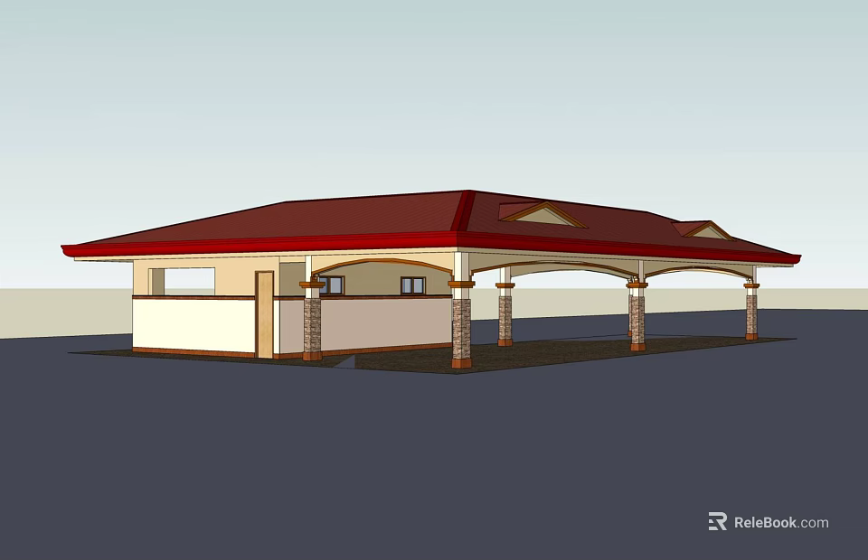 Small Commercial Building With Red Roof White Walls Pillars Supporting Extended Awning And Windows 3d model 