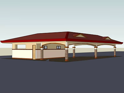 Small Commercial Building With Red Roof White Walls Pillars Supporting Extended Awning And Windows 3d model