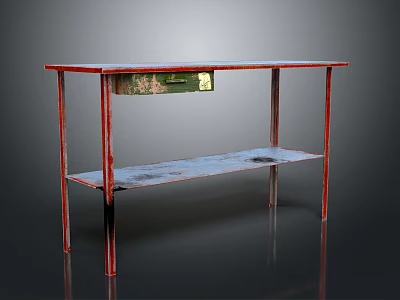 Vintage Red Metal Frame Table With Two Worn Shelves And Rustic Design 3d model