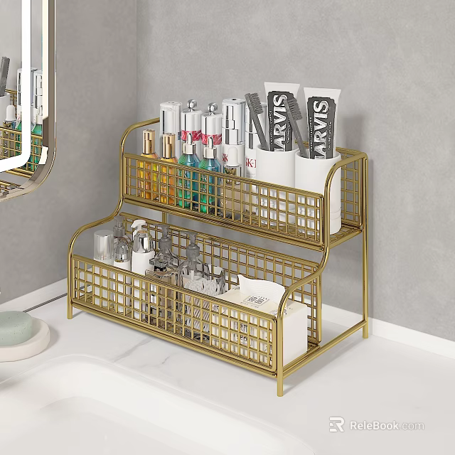 Gold Metal Two Tier Bathroom Shelf With Toiletries And Storage Organizer 3d model 