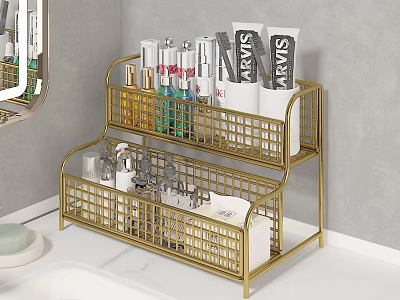 Gold Metal Two Tier Bathroom Shelf With Toiletries And Storage Organizer 3d model