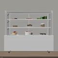 White Base Glass Door Dessert Display Case with Shelves Holding Cakes Cupcakes Pastries and Fruits