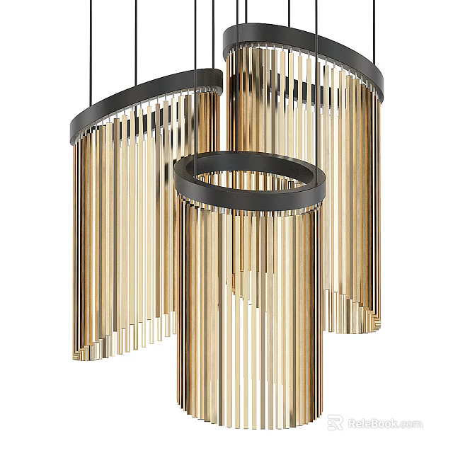 Modern Chandelier Design With Circular Metal Frame And Vertical Gold Strips 3d model