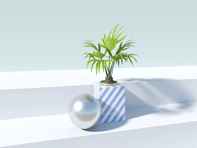 Green Leafy Potted Plant On Blue White Striped Cube With Silver Sphere 3d model