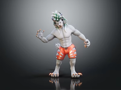 Fantasy Mythical Creature Character With Green Hair Gray Body And Orange Shorts 3d model