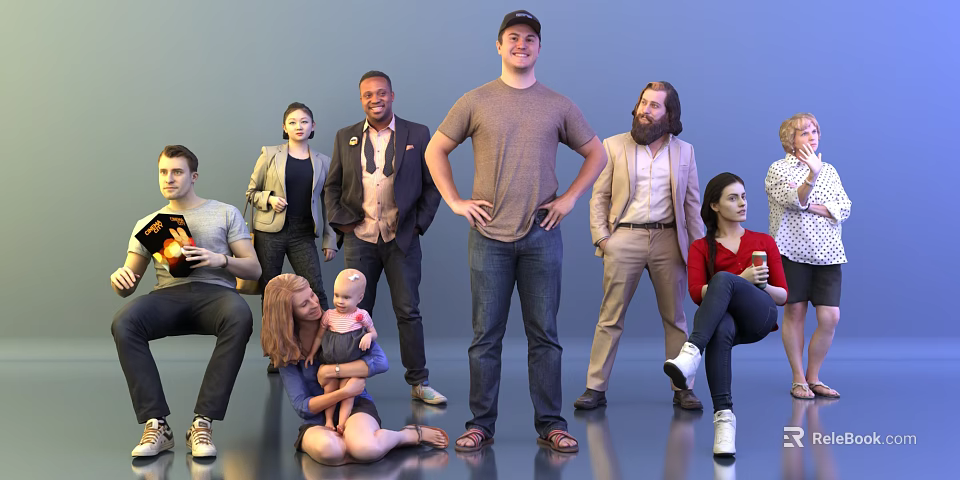 Diverse Group of People Standing Sitting and Interacting With Child and Drinks 3d model 
