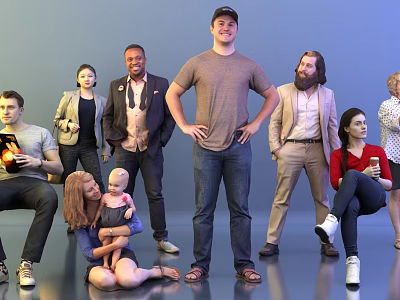 Diverse Group of People Standing Sitting and Interacting With Child and Drinks 3d model