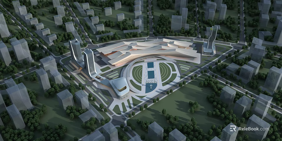 Aerial View Planning of Modern Urban Complex With Central Plaza Green Spaces And Roads 3d model 