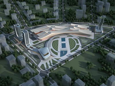 Aerial View Planning of Modern Urban Complex With Central Plaza Green Spaces And Roads 3d model