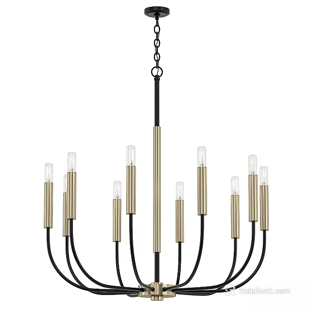 Stylish Modern Chandelier With Black Arms Brass Columns And Clear Bulbs 3d model 