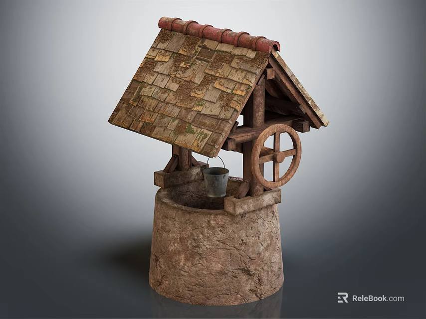 Traditional Well Shaped Garden Ornament With Wooden Roof Stone Base And Bucket Wheel Design 3d model 