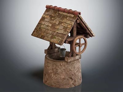 Traditional Well Shaped Garden Ornament With Wooden Roof Stone Base And Bucket Wheel Design 3d model