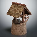 Traditional Well Shaped Garden Ornament With Wooden Roof Stone Base And Bucket Wheel Design